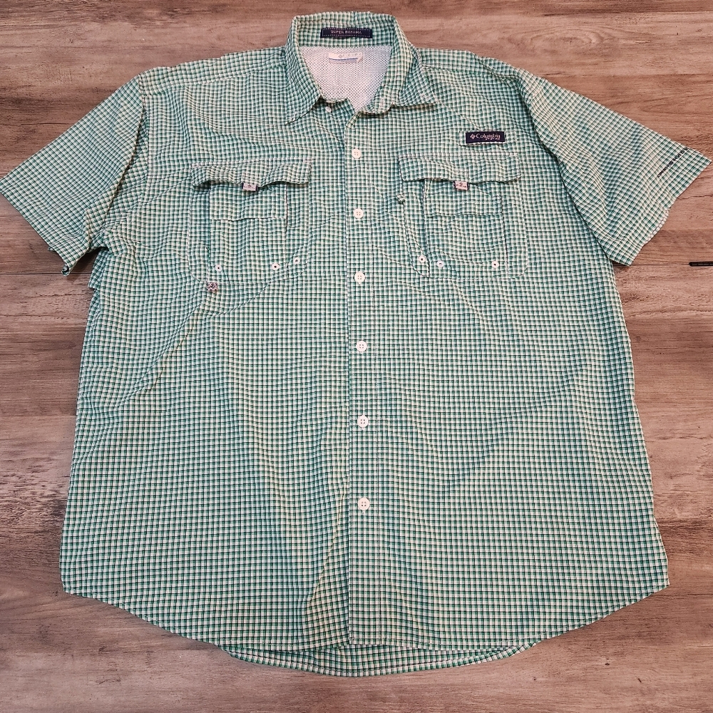 Columbia PFG (Performance Fishing Gear) Short-sleeve Green/White Plaid Size L